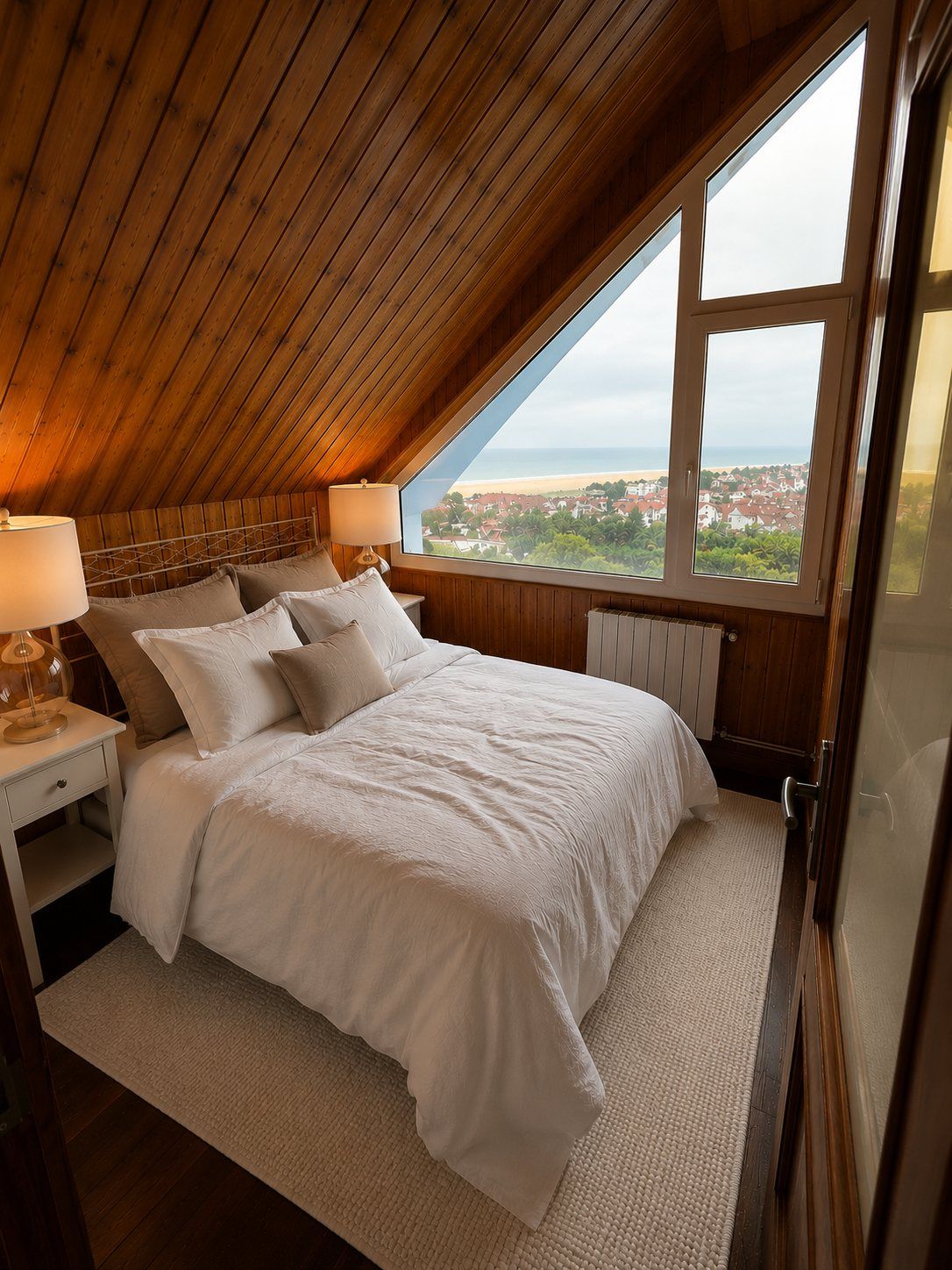 Un dormitorio abuhardillado con ventana y vistas al mar.