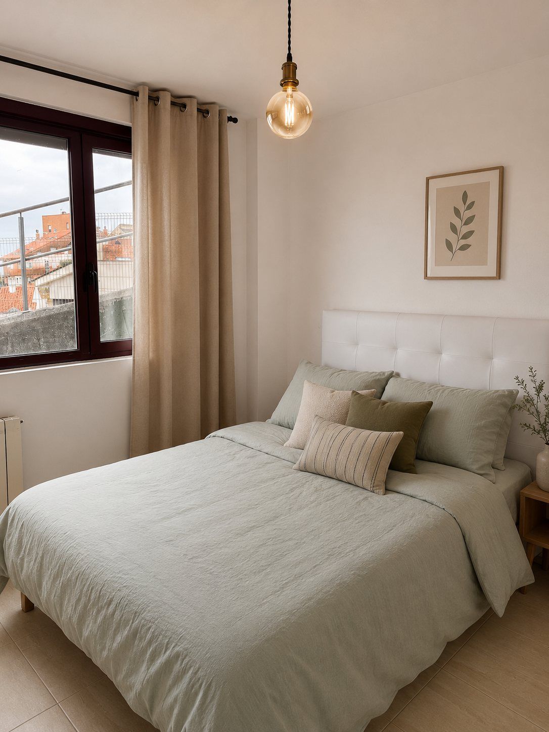Un dormitorio en lino verde salvia con cabecero blanco acolchado, con vistas a los tejados.