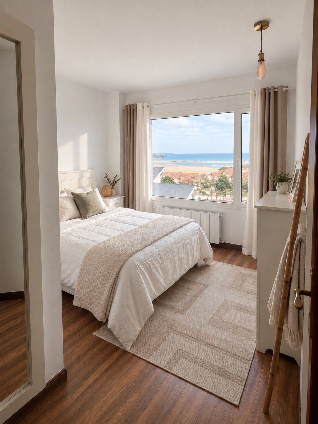 Un dormitorio con ventana al mar, una cómoda blanca y un toallero de mimbre.