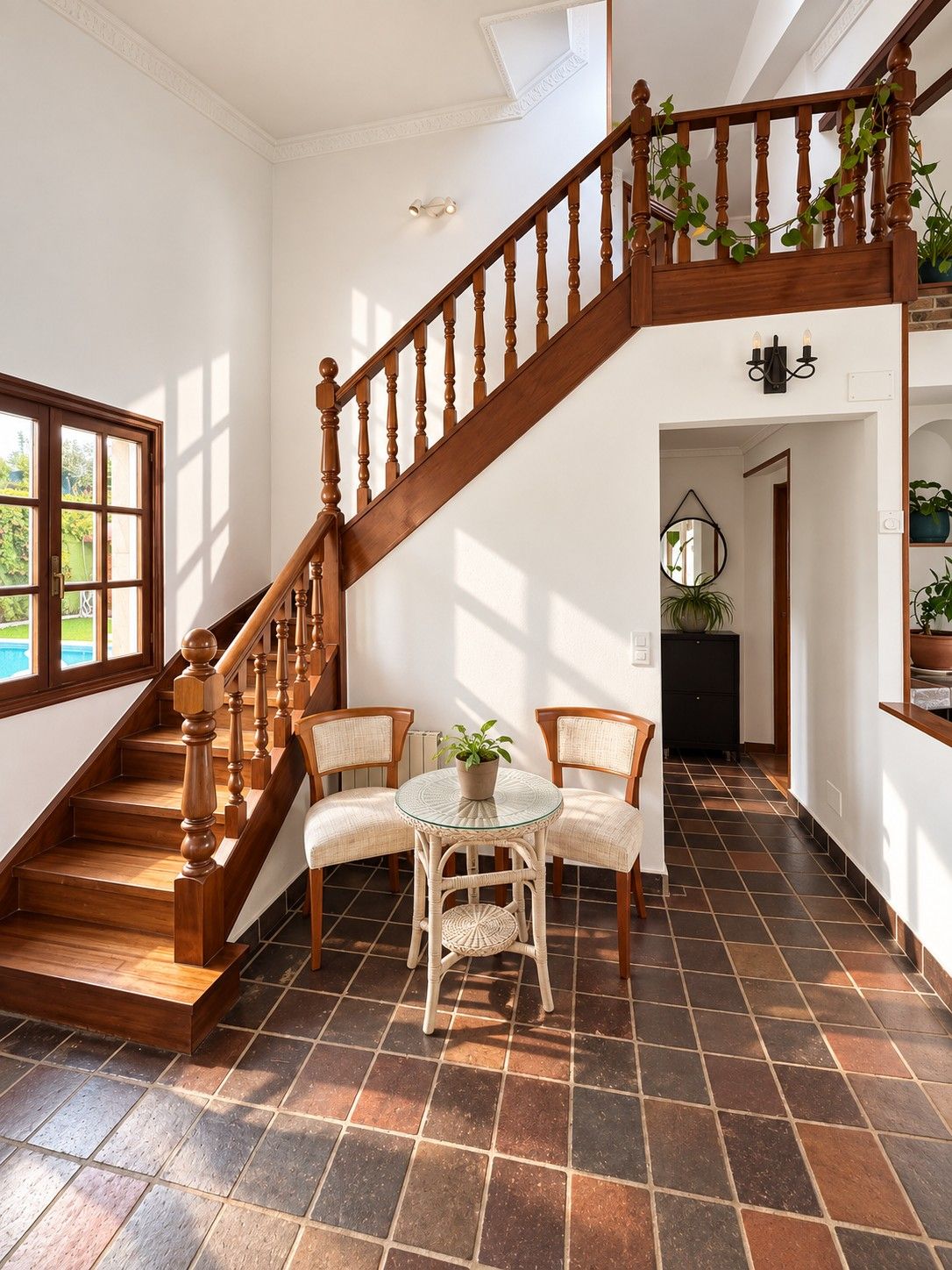 La escalera de madera en el vestíbulo, con una mesa y sillas de mimbre al pie.