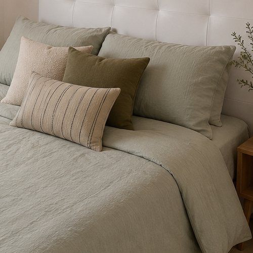 Un primer plano de ropa de cama y cojines de lino verde salvia.
