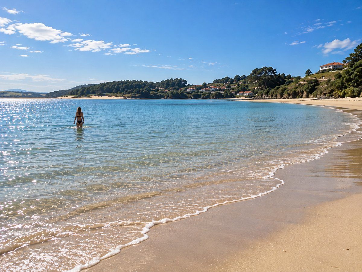 Una mujer entrando en las tranquilas aguas turquesas de la Playa de Usil, con la cala de arena y las casas de la colina al fondo.
