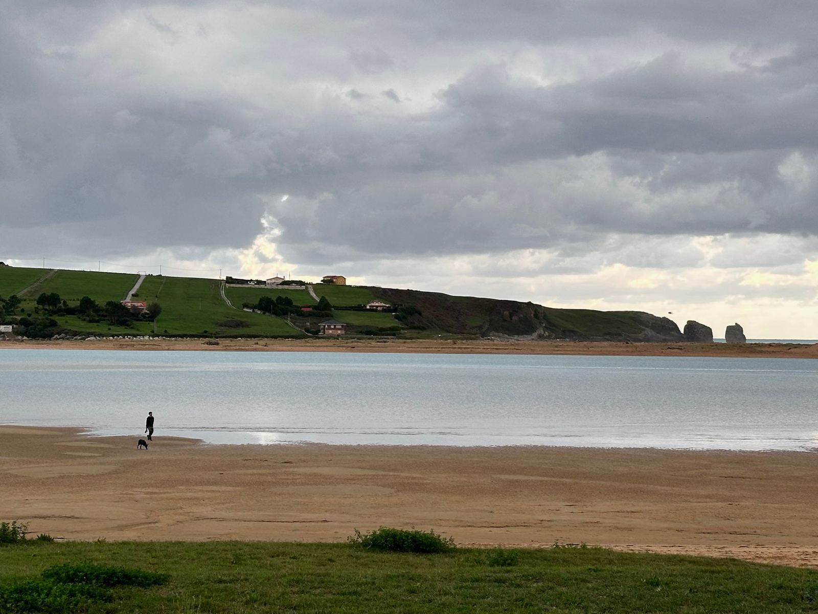 Playa Usil at low tide, with a walker and a dog on the sand and the green headland beyond.