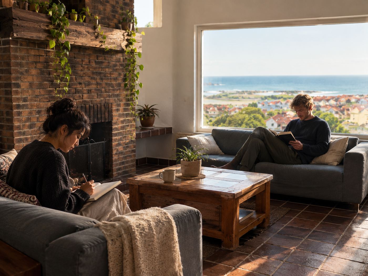 A woman drawing in a notebook and a man reading a book, sitting on facing sofas by the fireplace with a sea view through the window.
