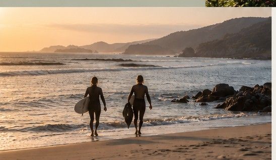 Two people carrying surfboards along the shoreline at sunset.